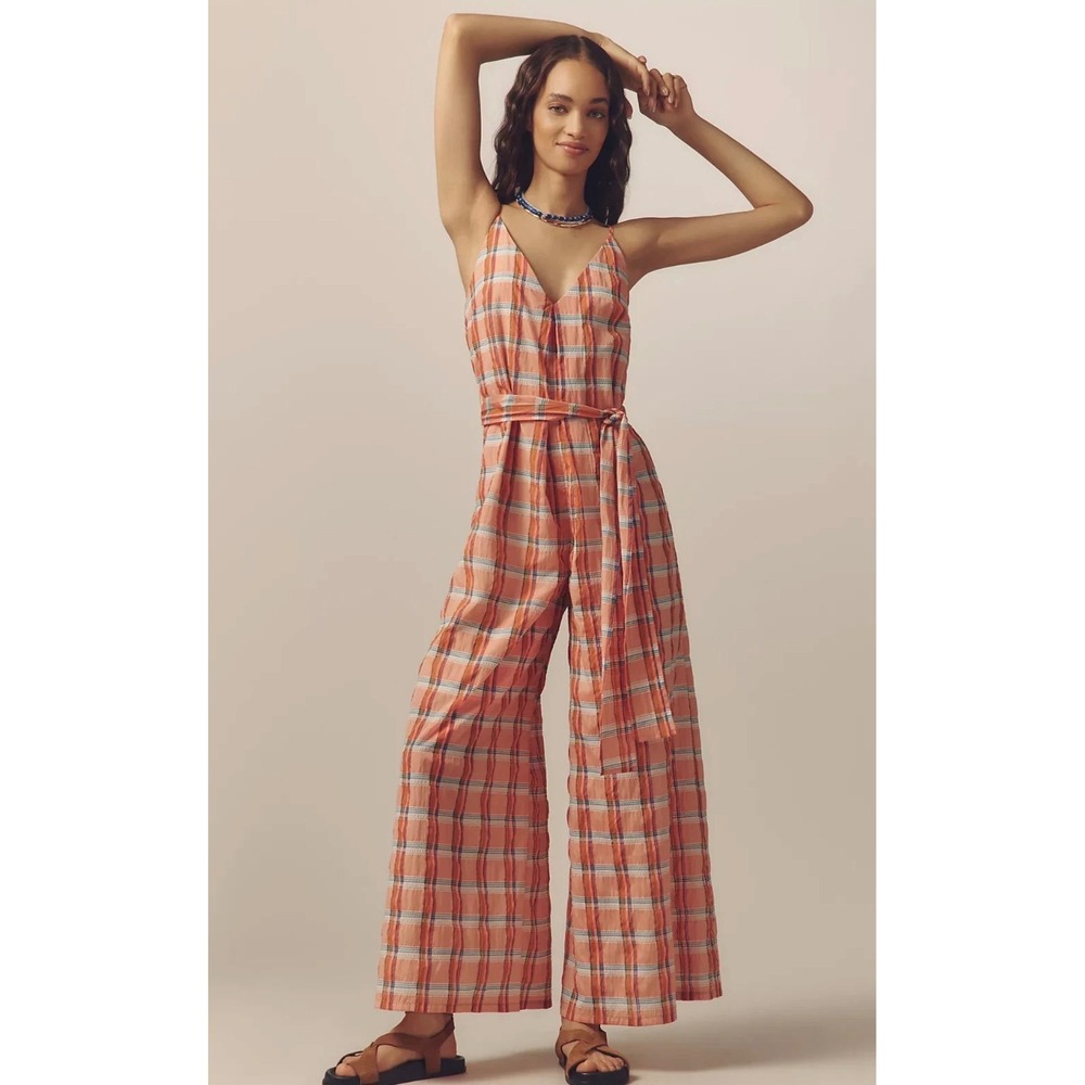 Corey Lynn Calter Plaid Wide Leg Jumpsuit Coral Orange V-Neck Tie Waistless $228